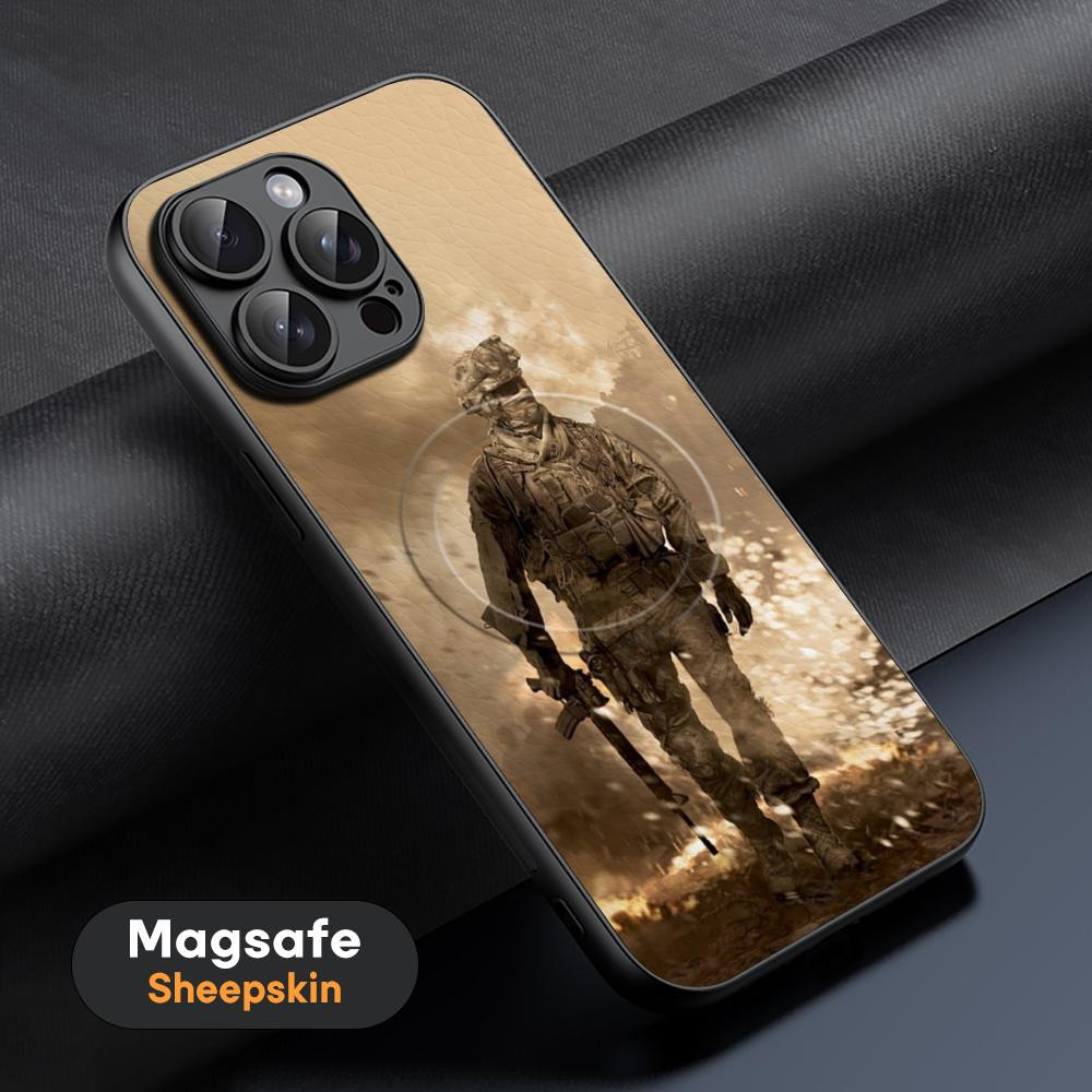 Coque iPhone 13 Pro Max MagSafe en cuir de mouton avec motif militaire