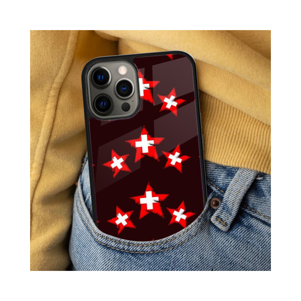 Coque iPhone 15 Design Suisse - Étoiles et Croix Rouges