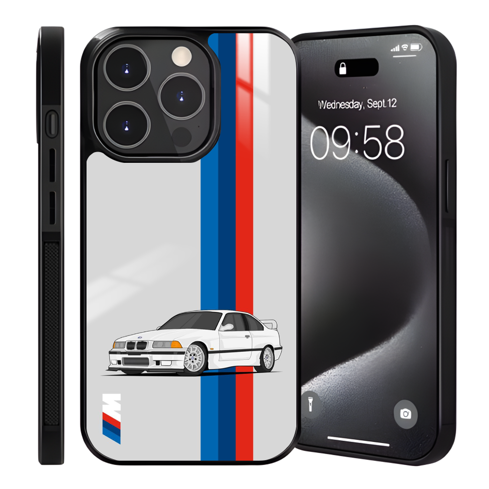 Coque iPhone 15 Pro - BMW Série 3 E36 Blanche - Design Sportif et Élégant