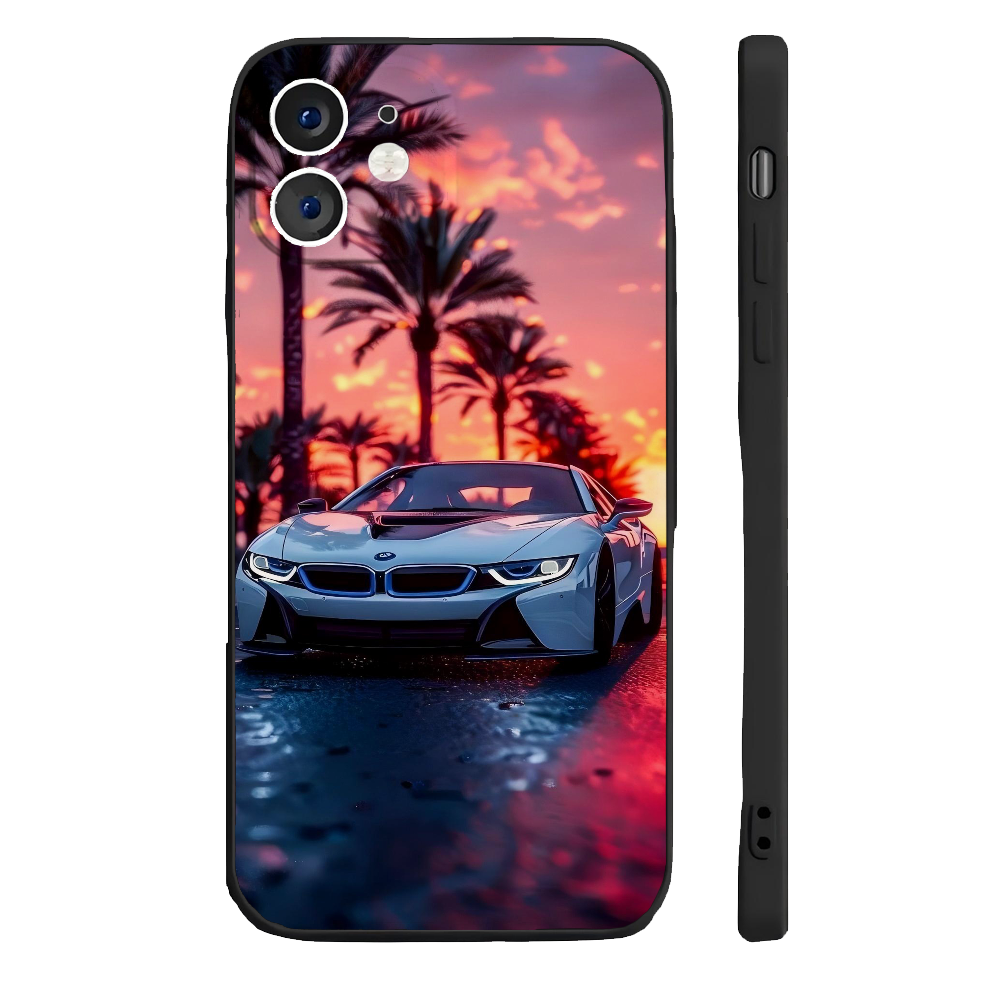 Coque iPhone 14 Pro - BMW i8 Blanche - Coucher de Soleil - Sportive