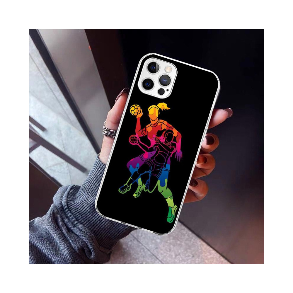 Coque iPhone 14 Pro Handball : Joueuses en Action Arc-en-Ciel